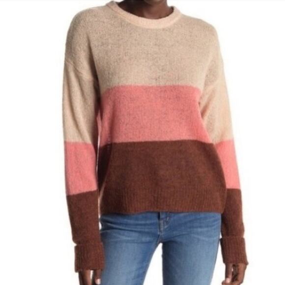 Joie Wool Colorblock Sweater Crew Neck Oversized Tan Brown Pink Fall Winter L - Picture 10 of 14